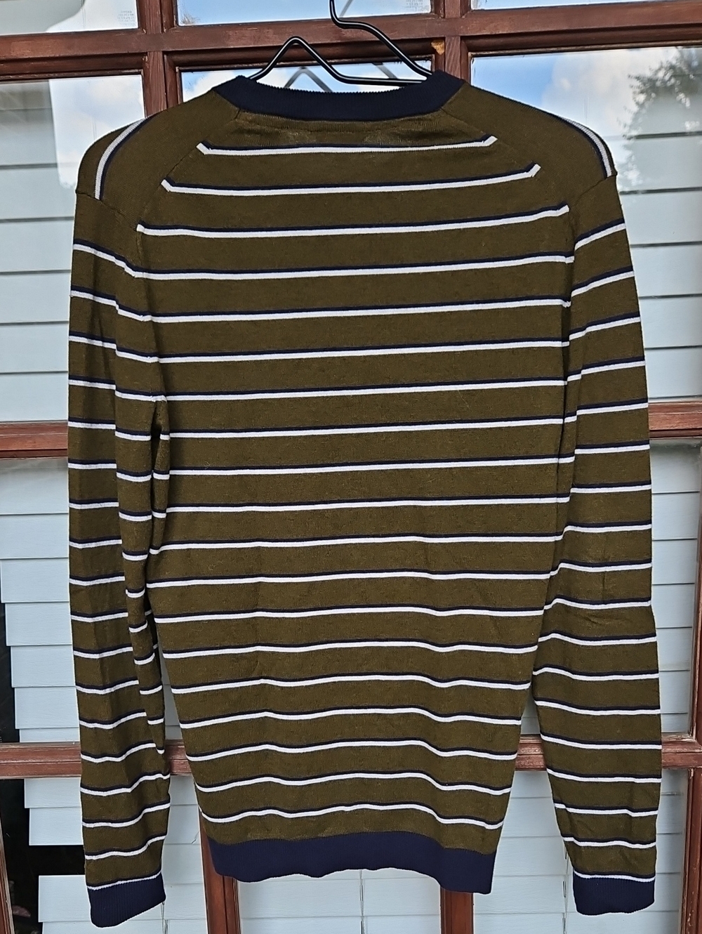 Ted Baker Men Size Small Green Striped Crewneck Sweater Navy Trim Silk Blend - Picture 6 of 6